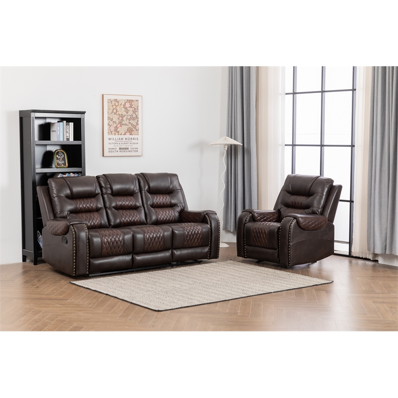 Pemberly Row Two Tone Faux Leather Two-PC Livingroom Reclining Set In Brown