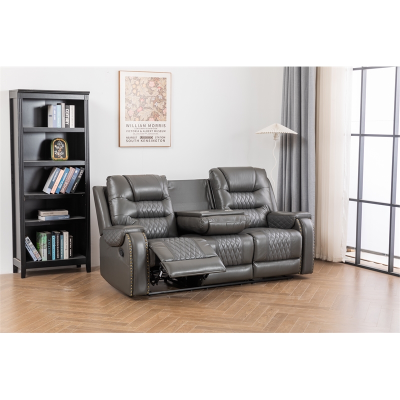 Pemberly Row Two Tone Faux Leather Livingroom Reclining Sofa In Gray