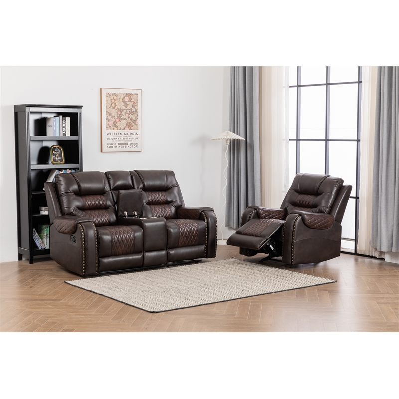 Pemberly Row Two Tone Faux Leather 2-Piece Livingroom Reclining Set In Brown