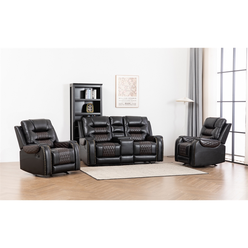 Pemberly Row Two Tone Faux Leather 3-Piece Livingroom Reclining Set In Black
