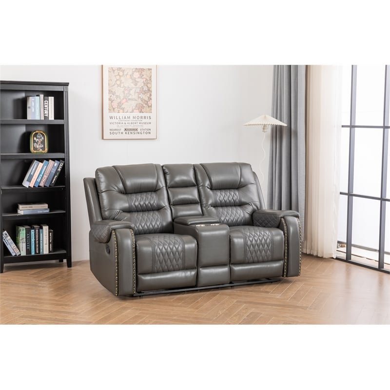 Pemberly Row Two Tone Faux Leather Livingroom Reclining Loveseat In Gray