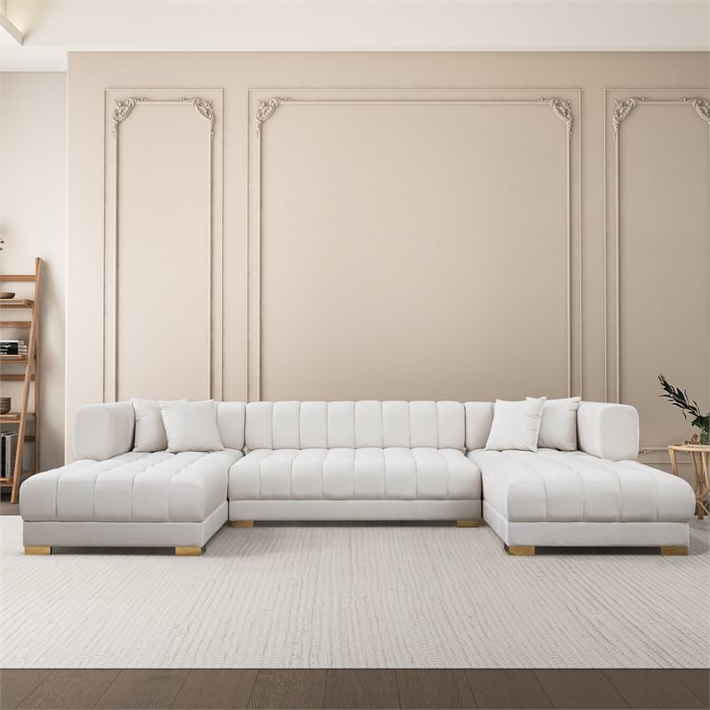 Pemberly Row Mid-Century Modern U-Shape Ivory Velvet Corner Sectional Sofa