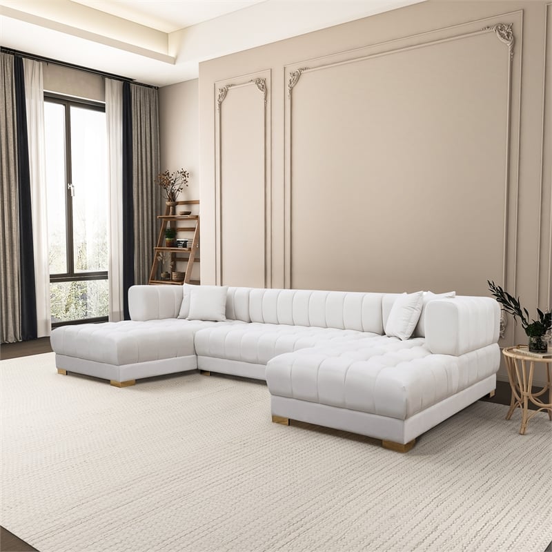 Pemberly Row Mid-Century Modern U-Shape Ivory Velvet Corner Sectional Sofa