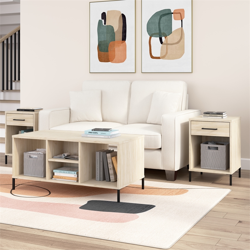 Pemberly Row Coffee Table with Shelves in Natural Elm - Engineered Wood