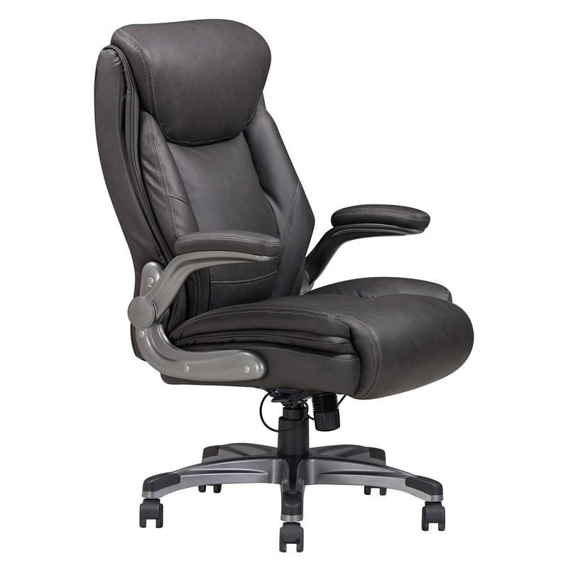 Pemberly Row Gray Bonded Leather Office Chair with PlyWood Frame & Flip Arms