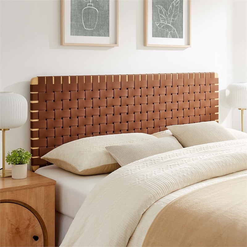 Pemberly Row Weave Vegan Leather Queen Headboard in Natural Brown