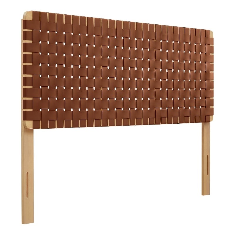 Pemberly Row Weave Vegan Leather Queen Headboard in Natural Brown