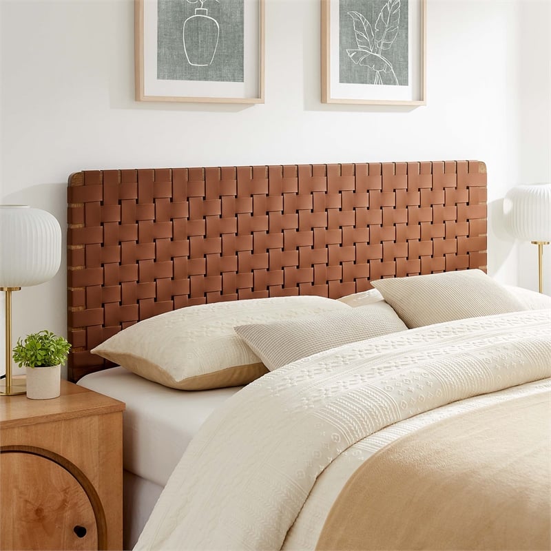 Pemberly Row Weave Vegan Leather Queen Headboard in Walnut Brown