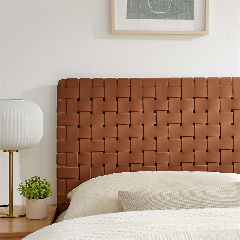 Pemberly Row Weave Vegan Leather Queen Headboard in Walnut Brown