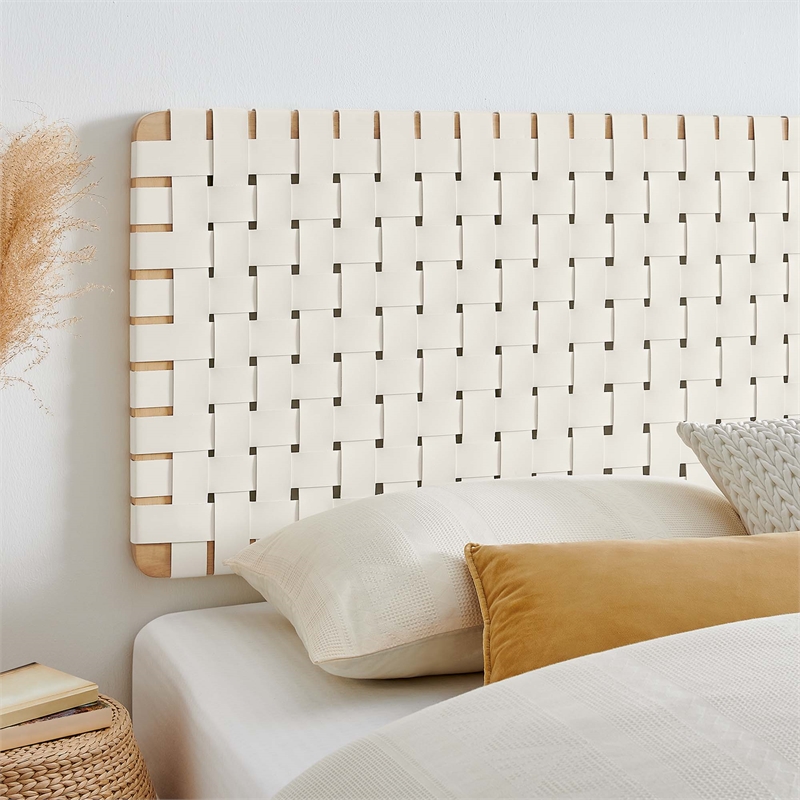 Pemberly Row Weave Wall-Mount Vegan Leather King Headboard in Natural Beige