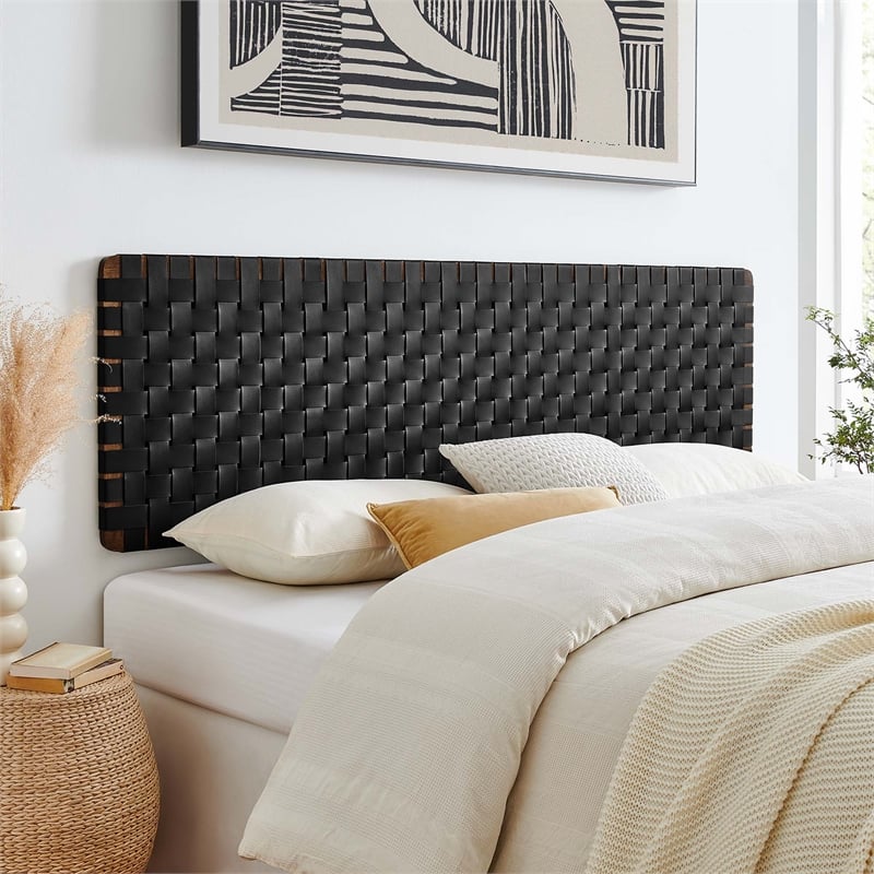 Pemberly Row Weave Wall-Mount Vegan Leather King Headboard in Walnut Black