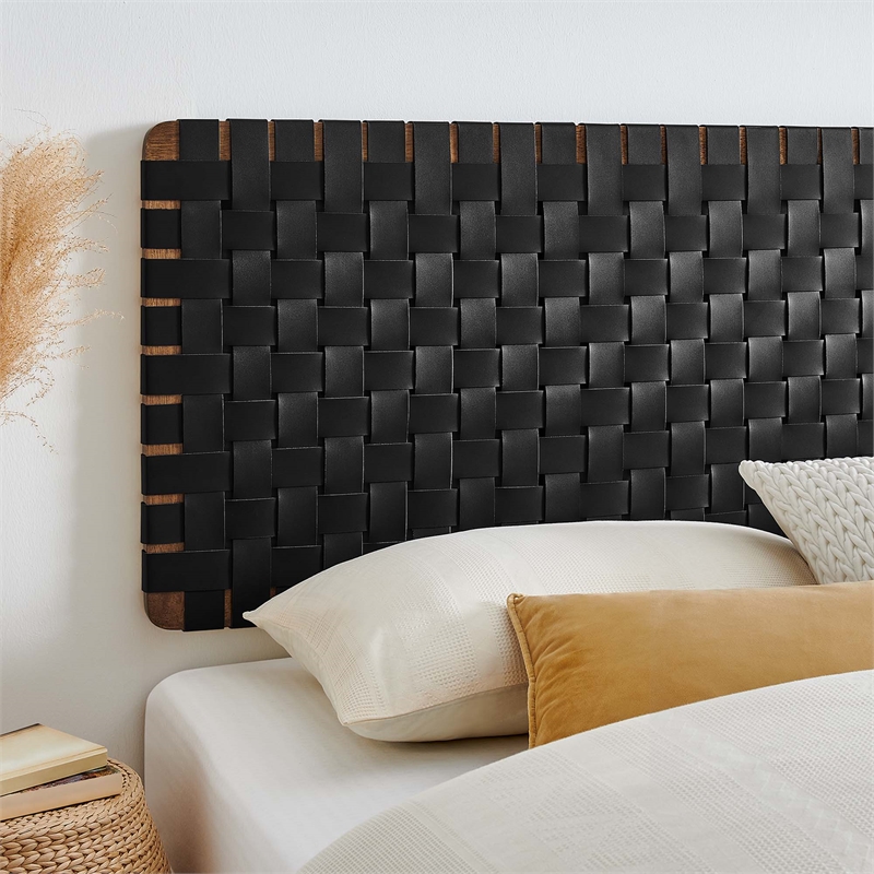 Pemberly Row Weave Wall-Mount Vegan Leather King Headboard in Walnut Black