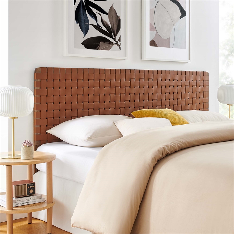 Pemberly Row Weave Vegan Leather King Headboard in Walnut Brown