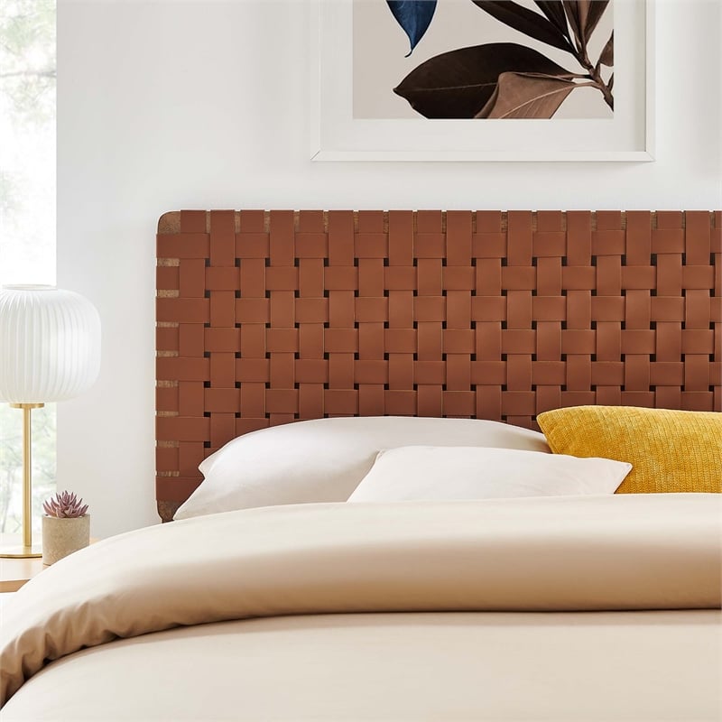 Pemberly Row Weave Vegan Leather King Headboard in Walnut Brown