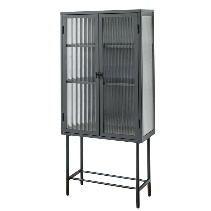 Pemberly Row Tall 2-Door 3-Shelf Steel Accent Cabinet with Fluted Glass-Black