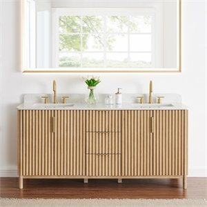 Pemberly Row 72&quot Wood Vanity - Washed Light Brown Engineered Stone Top no Mirror