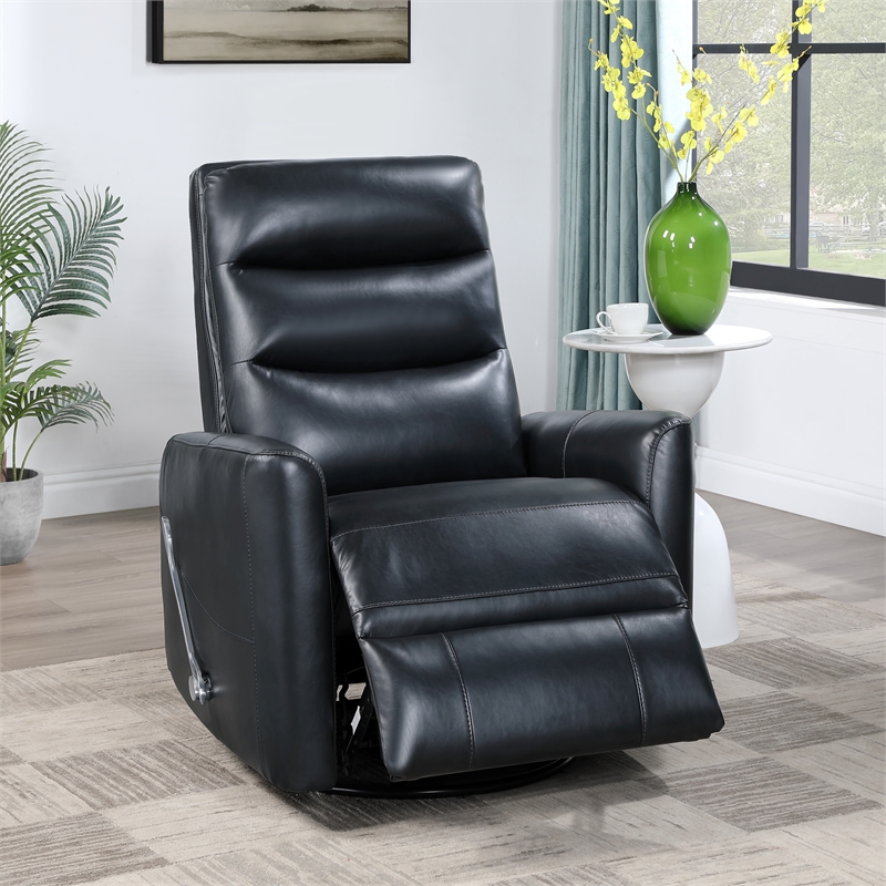 Pemberly Row Contemporary Faux Leather Swivel Recliner in Black