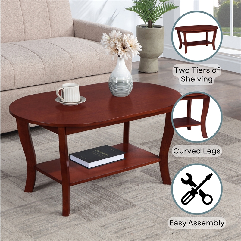 Pemberly Row Oval Coffee Table with Shelf in Mahogany Wood Finish