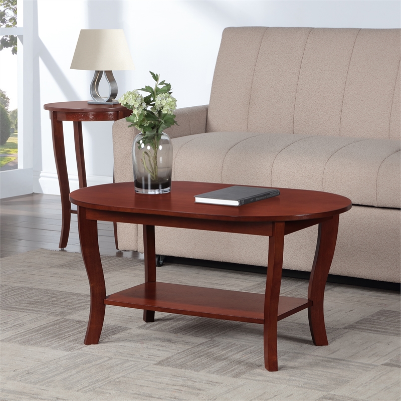 Pemberly Row Oval Coffee Table with Shelf in Mahogany Wood Finish