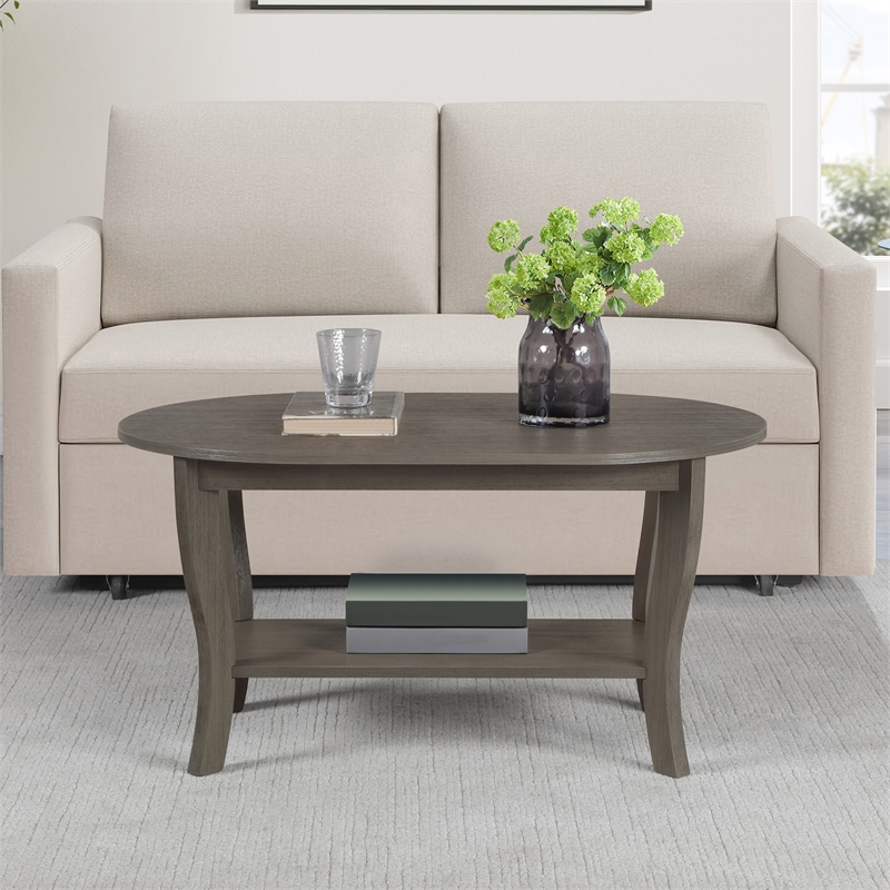 Pemberly Row Oval Coffee Table with Shelf in Gray Wood Finish