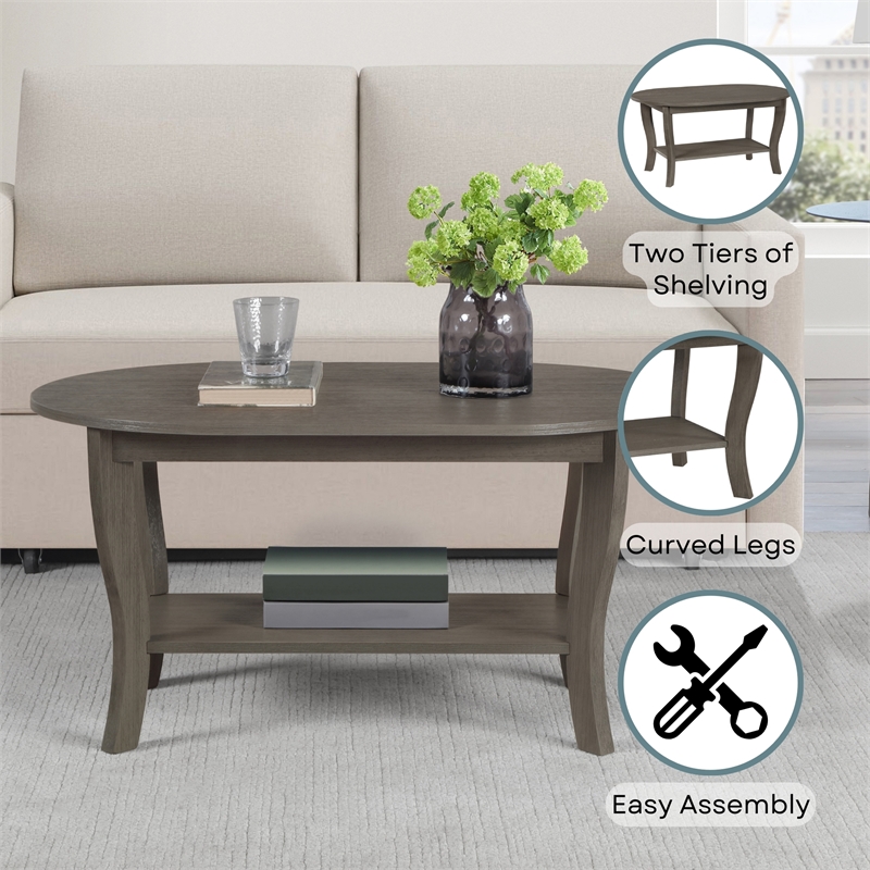 Pemberly Row Oval Coffee Table with Shelf in Gray Wood Finish