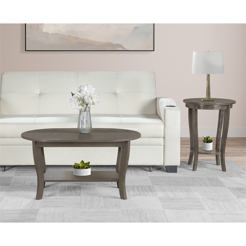 Pemberly Row Oval Coffee Table with Shelf in Gray Wood Finish
