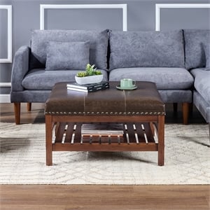 Pemberly Row Coffee Table Ottoman with Shelf in Brown Faux Leather
