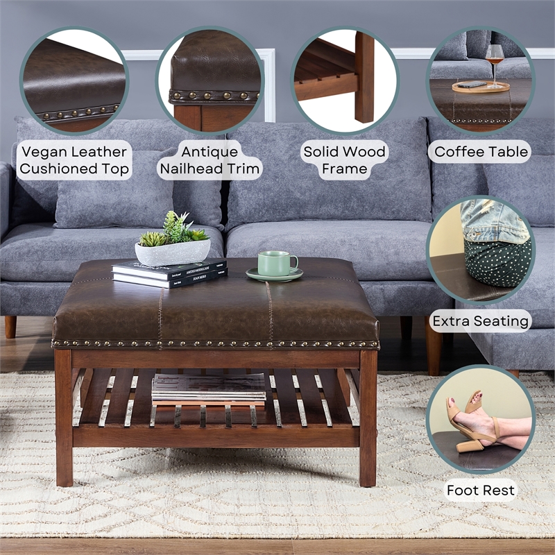 Pemberly Row Coffee Table Ottoman with Shelf in Brown Faux Leather