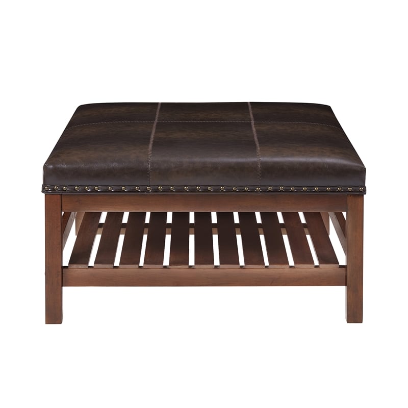 Pemberly Row Coffee Table Ottoman with Shelf in Brown Faux Leather