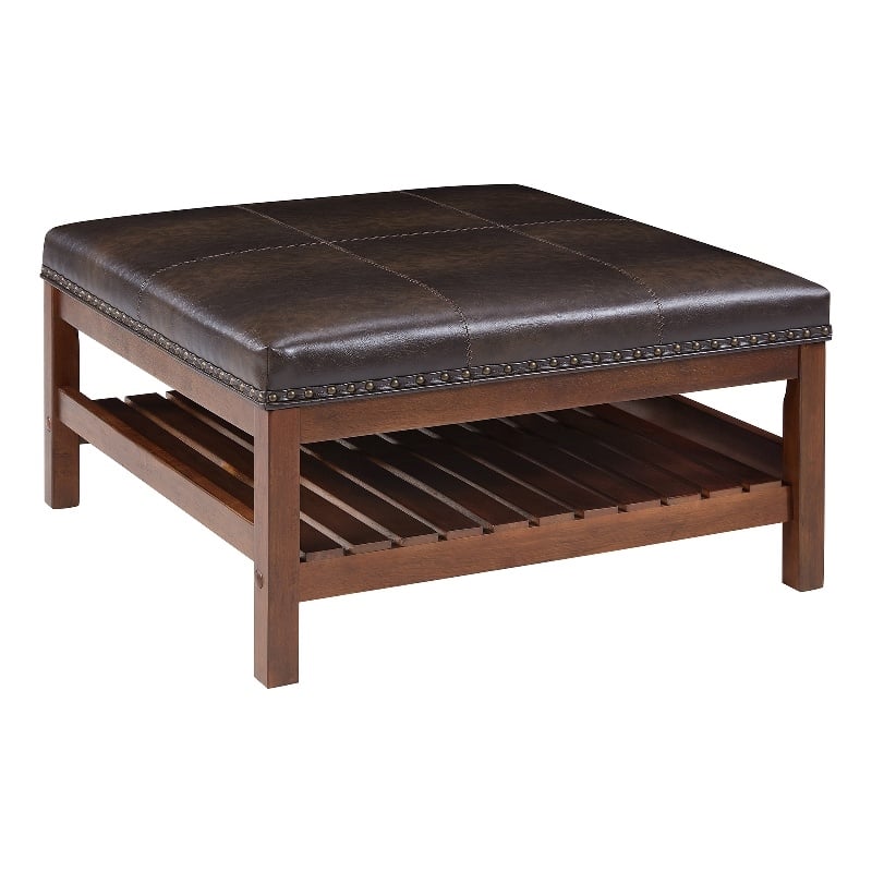 Pemberly Row Coffee Table Ottoman with Shelf in Brown Faux Leather