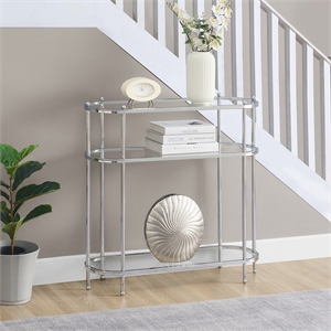 Pemberly Row Three-Tier Clear Glass Oval Entryway Hall Table in Chrome Finish