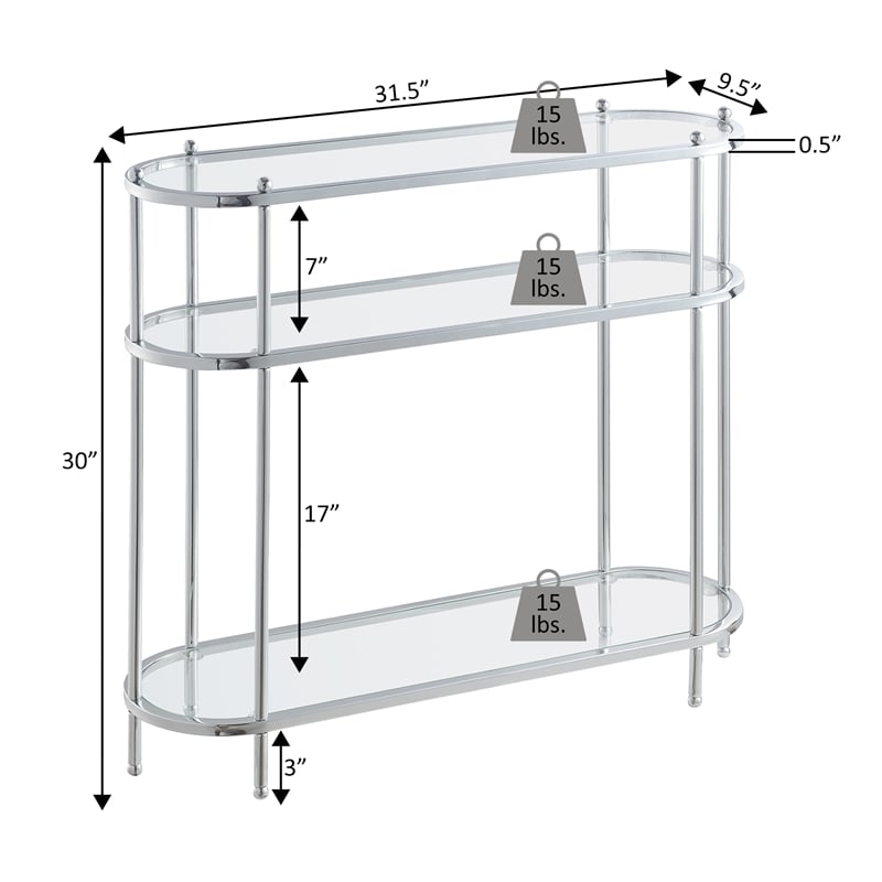 Pemberly Row Three-Tier Clear Glass Oval Entryway Hall Table in Chrome Finish