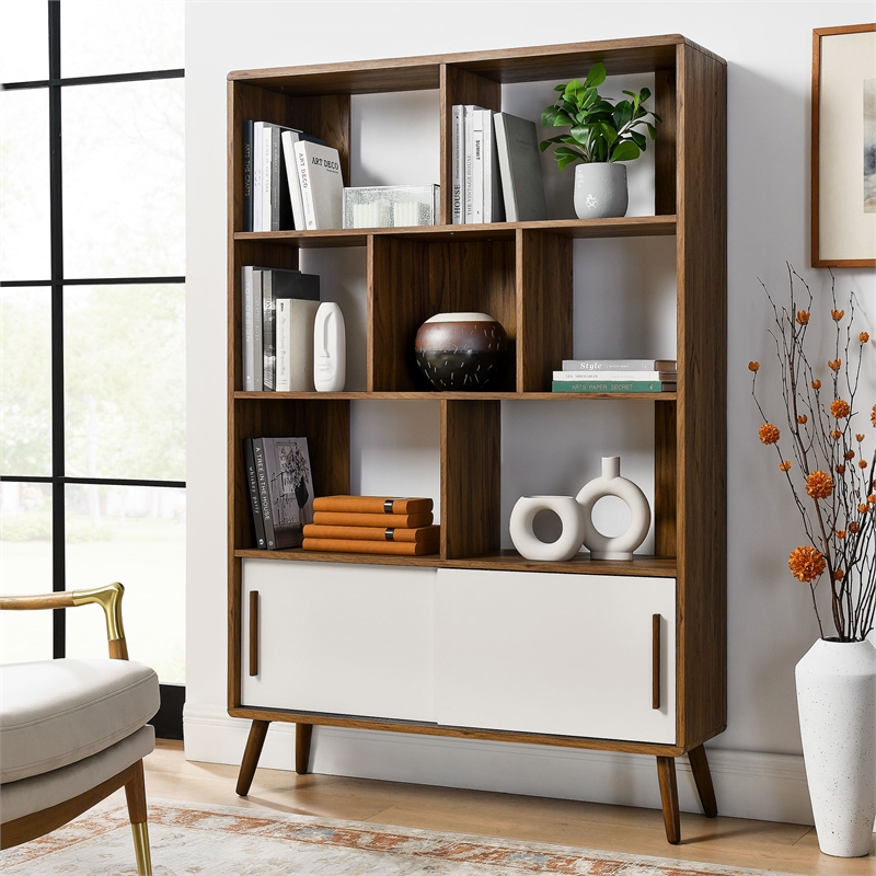Pemberly Row Modern Bookcase with Sliding Doors in Walnut Linen