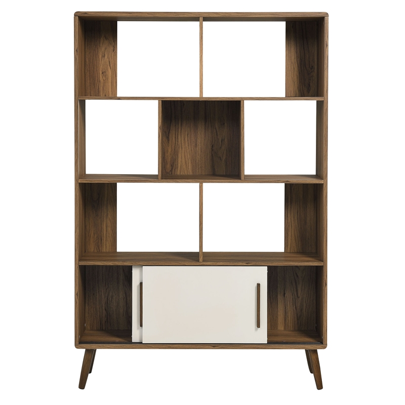Pemberly Row Modern Bookcase with Sliding Doors in Walnut Linen