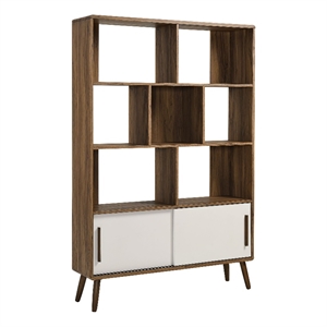 Pemberly Row Modern Bookcase with Sliding Doors in Walnut Linen