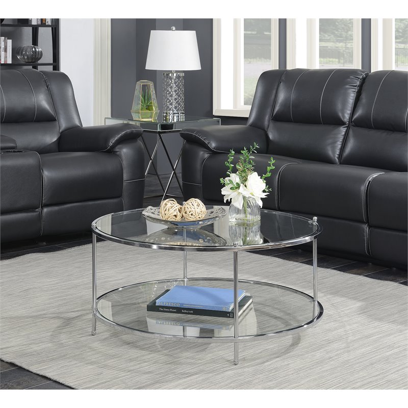 Pemberly Row Modern Round Glass Coffee Table in Chrome Metal Frame