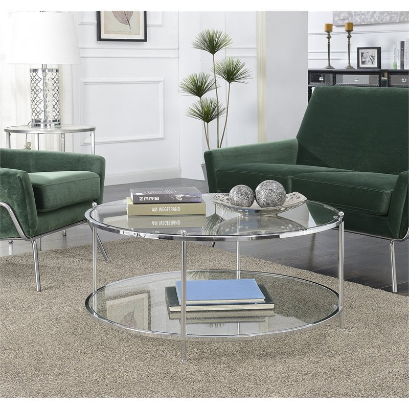 Pemberly Row Modern Round Glass Coffee Table in Chrome Metal Frame