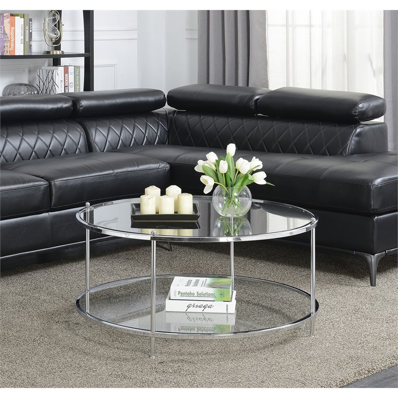 Pemberly Row Modern Round Glass Coffee Table in Chrome Metal Frame