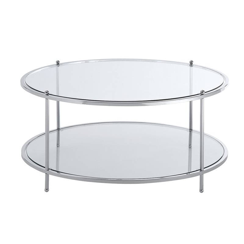Pemberly Row Modern Round Glass Coffee Table in Chrome Metal Frame