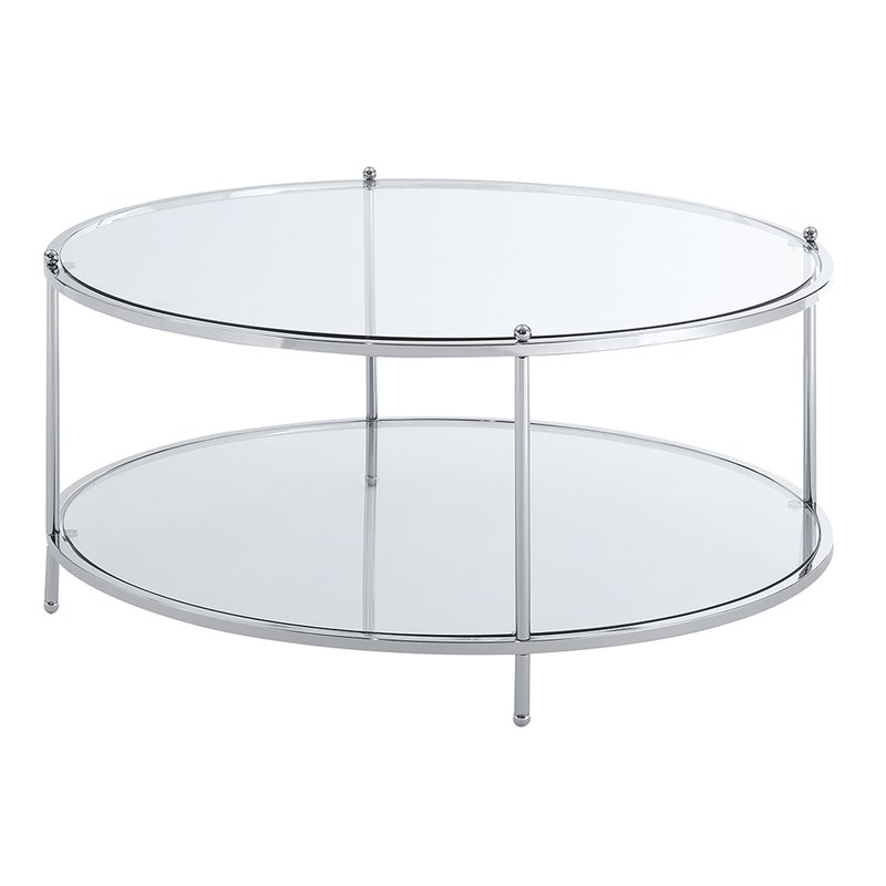 Pemberly Row Modern Round Glass Coffee Table in Chrome Metal Frame