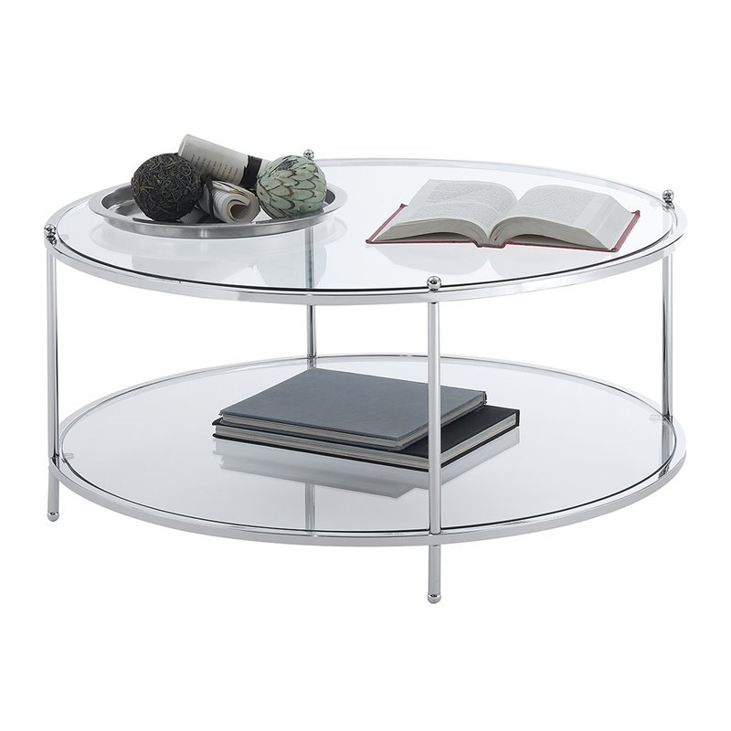 Pemberly Row Modern Round Glass Coffee Table in Chrome Metal Frame