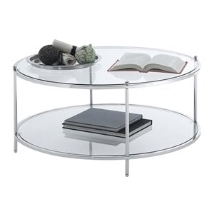 Pemberly Row Modern Round Glass Coffee Table in Chrome Metal Frame