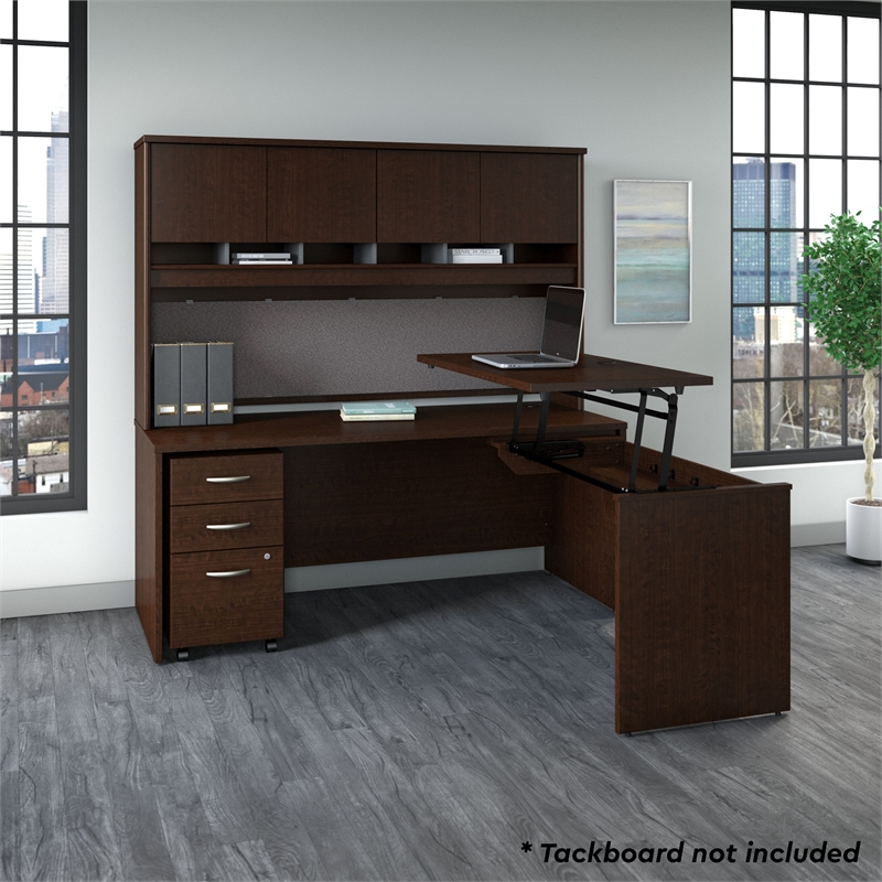 Pemberly Row 72W Sit to Stand L Shaped Desk Office Suite in Mocha Cherry