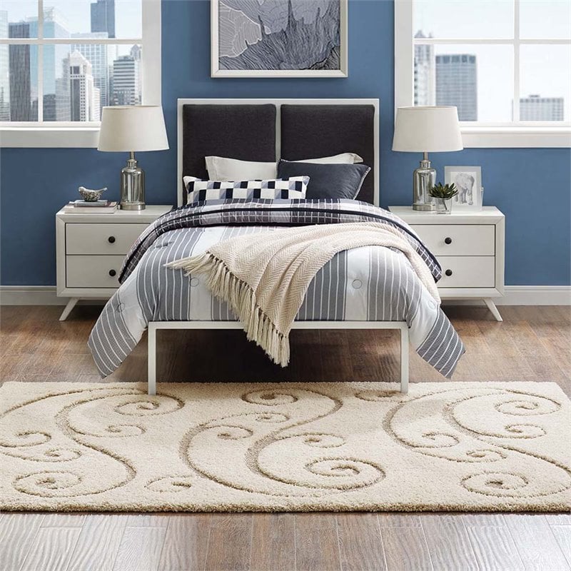 Pemberly Row Modern 8' x 10' Scrolling Vine Shag Area Rug in Cream