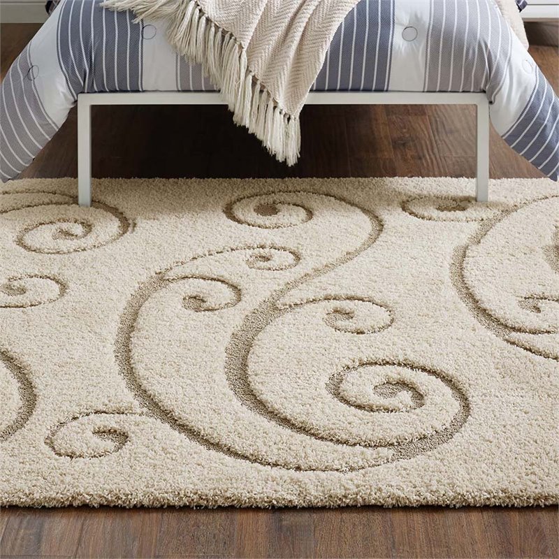 Pemberly Row Modern 8' x 10' Scrolling Vine Shag Area Rug in Cream