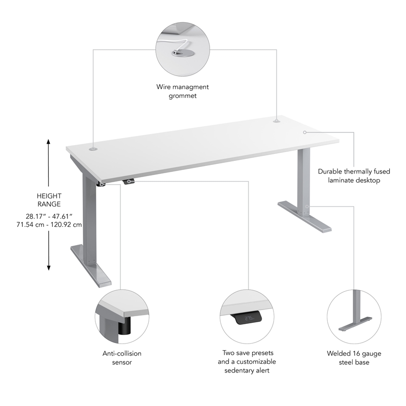 Pemberly Row 72W Adjustable Standing Desk in White - Engineered Wood