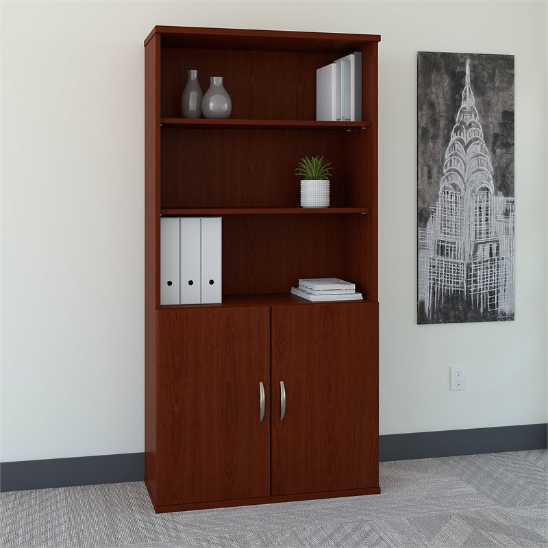 Pemberly Row 36W 5 Shelf Bookcase with Doors in Mahogany - Engineered Wood