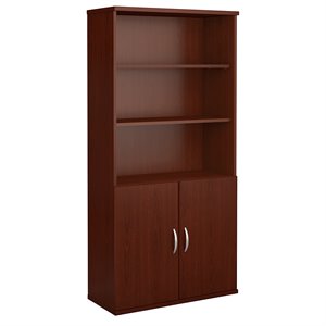 Pemberly Row 36W 5 Shelf Bookcase with Doors in Mahogany - Engineered Wood