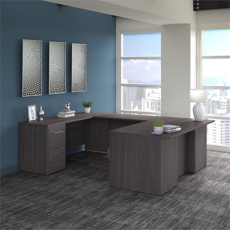 Pemberly Row 72W U Shaped Desk with Drawers in Storm Gray - Engineered Wood