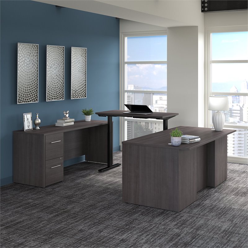 Pemberly Row Height Adjustable U Shaped Desk in Storm Gray - Engineered Wood